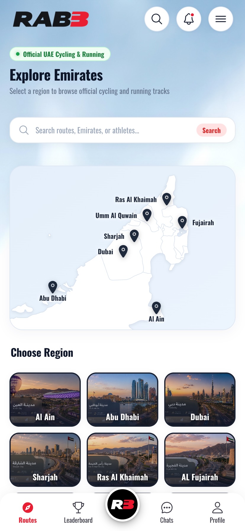 Rab3 App Interface Showing UAE Routes and Live GPS Map